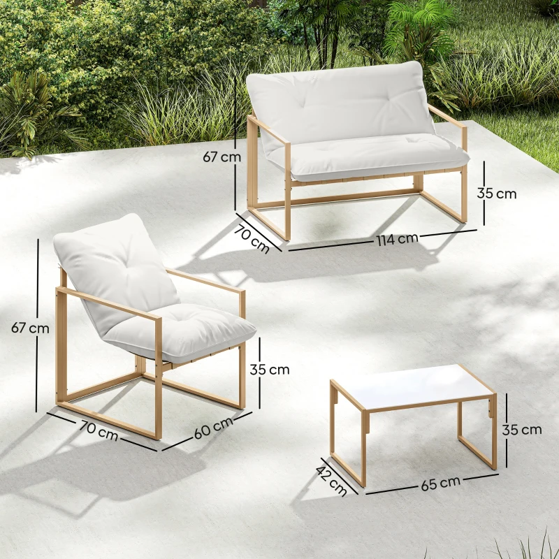 Outsunny 4‑teiliges Gartenmöbel-Set, Gartenlounge mit Tisch aus gehärtetem Glas, Sofa, 2 Sessel, Weiß