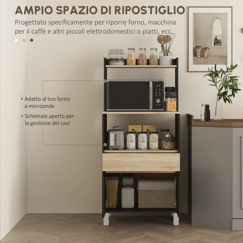 HOMCOM Mobile porta microonde, con armadio, cassetto e mensola superiore, 60 x 40 x 131 cm Quercia e nero