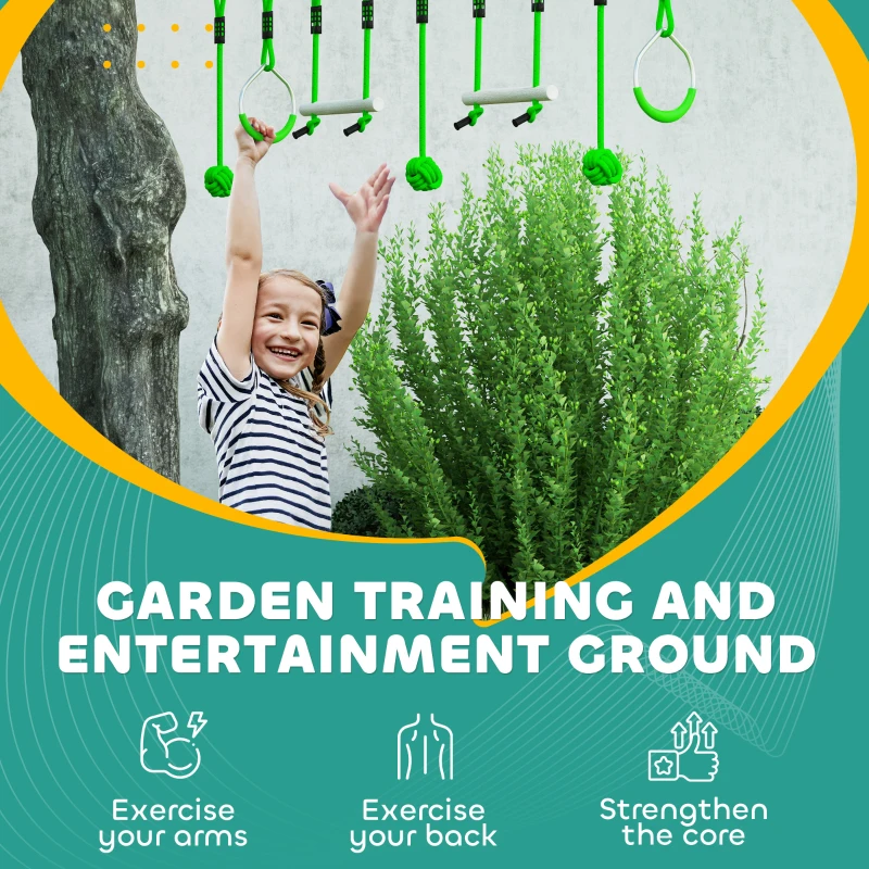 AIYAPLAY 7-Piece Kids Zip Line Kit for Garden, 10m Kids Slackline Kit with Wooden Monkey Bars, Metal Rings, Gripping Balls, Green