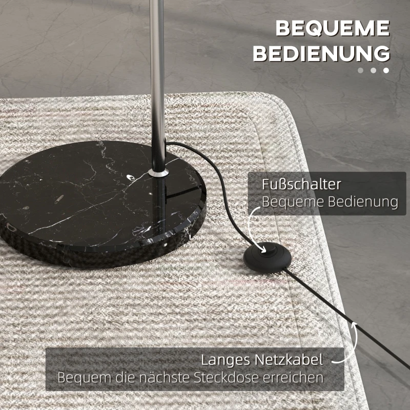 HOMCOM Bogenleuchte, Stehlampe, höhenverstellbar, Fußschalter, Sockel in Marmoroptik, 170-180cm, Silber/Schwarz(m-6)