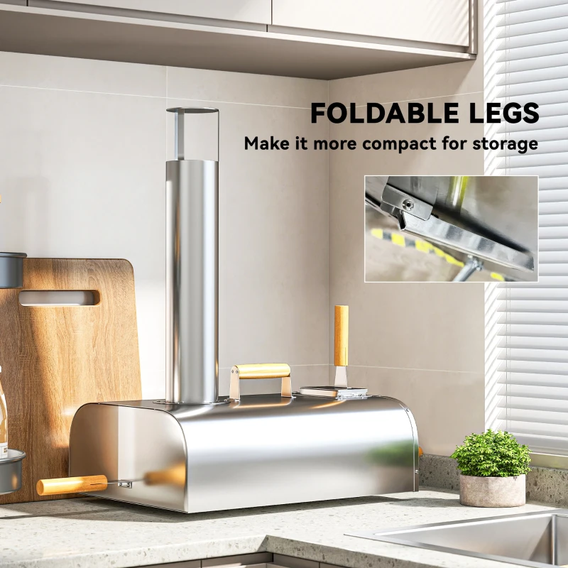 Outsunny Outdoor Pizza Oven, Portable Wood Pellet Pizza Oven with Pizza Stone and Peel, Foldable Legs, Chimney, 12 Inch Wood Fired Pizza Maker for Outdoor Cooking, Stainless Steel