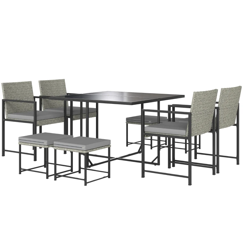 Outsunny Salón de jardín exterior de resina trenzada para 8 personas con cojines y tablero de vidrio templado, gris