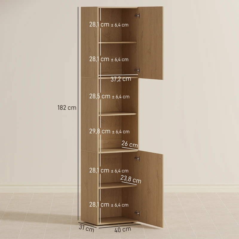 HOMCOM Armario alto para baño, 6 niveles, 2 armarios, 2 estantes abiertos, compartimentos abiertos, madera, color roble