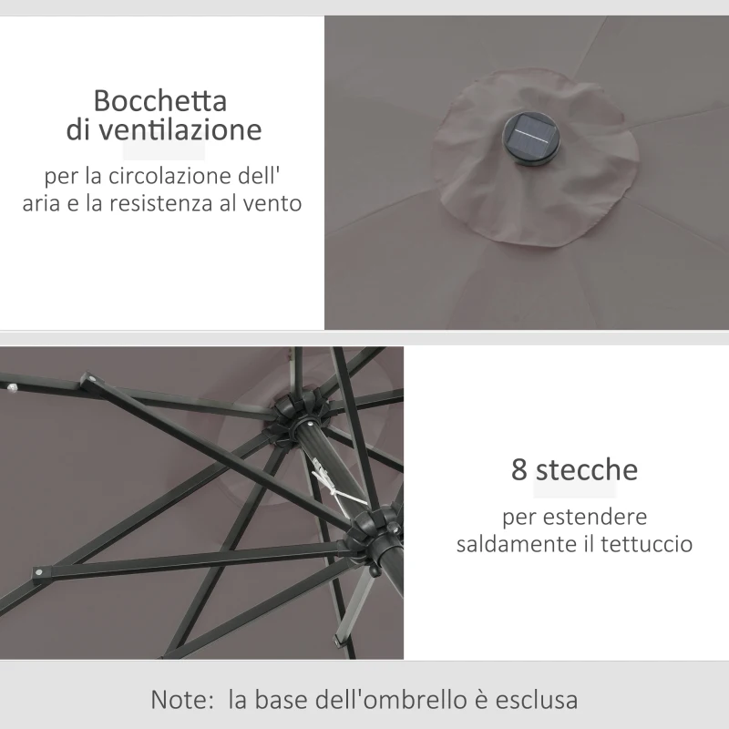 Outsunny Ombrellone da Giardino Inclinabile Ø265 cm con 32 Luci LED Solari e Manovella, Grigio