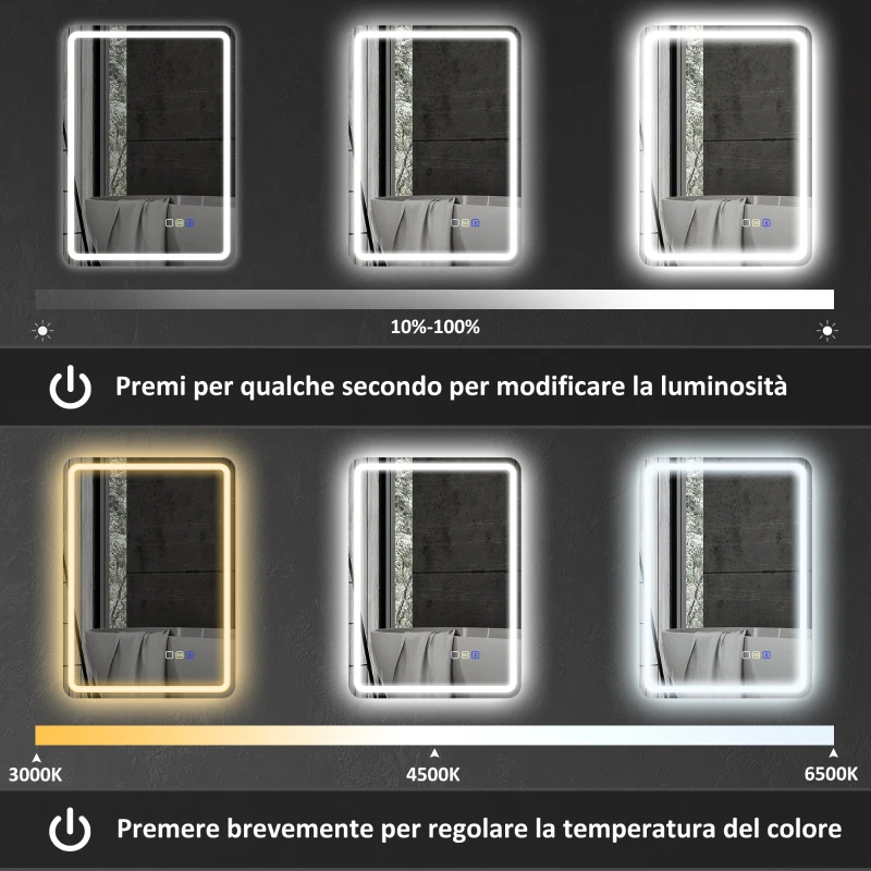 HOMCOM Specchio Bagno LED con Bluetooth, Illuminazione Regolabile e Funzione Memory, in Vetro Temperato, 70x50x3.5 cm