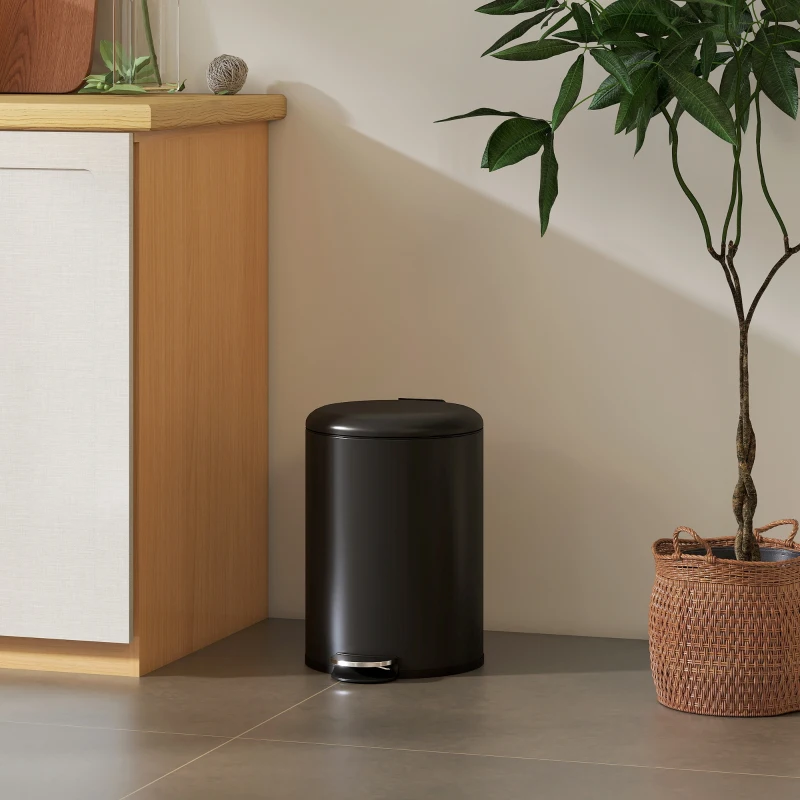 HOMCOM Cubo de basura de cocina de 20 L, cubo metálico resistente a huellas con tapa Soft-Close, pedal y cubeta extraíble, negro