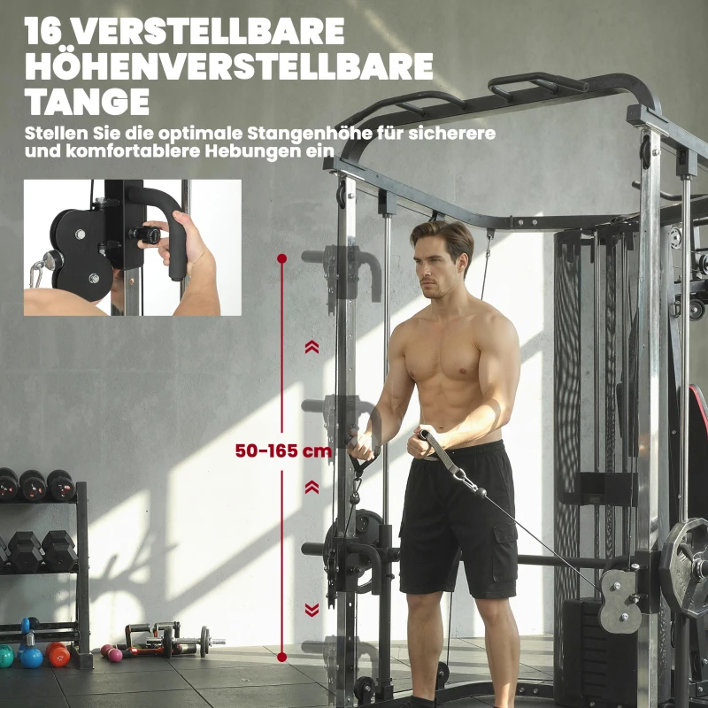 SPORTNOW Krachtstation fitnessstation met 65 kg gewichten, lat-trek, butterflystang, verstelbare preacherbank, beentrainer