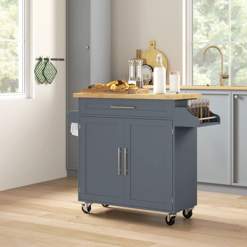 HOMCOM Carrito de cocina de madera con cajón, portaespecias y armario, 109x40x89 cm, Gris y color madera