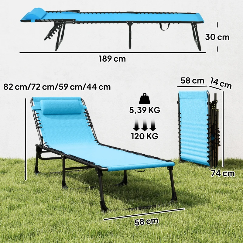 Outsunny Tumbona Plegable, Tumbona Jardín Exterior Reclinable 4 Posiciones con Reposacabezas y Marco de Acero, Carga 120 kg, para Terraza, Piscina, Playa, 189x58x30 cm, Azul Claro