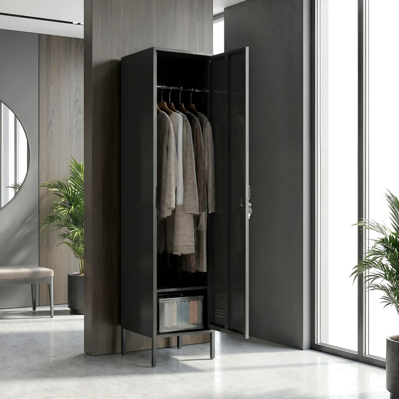 HOMCOM Metalen locker met afsluitbare deur en kledingstang, losse stalen locker voor thuis of kantoor, zwart