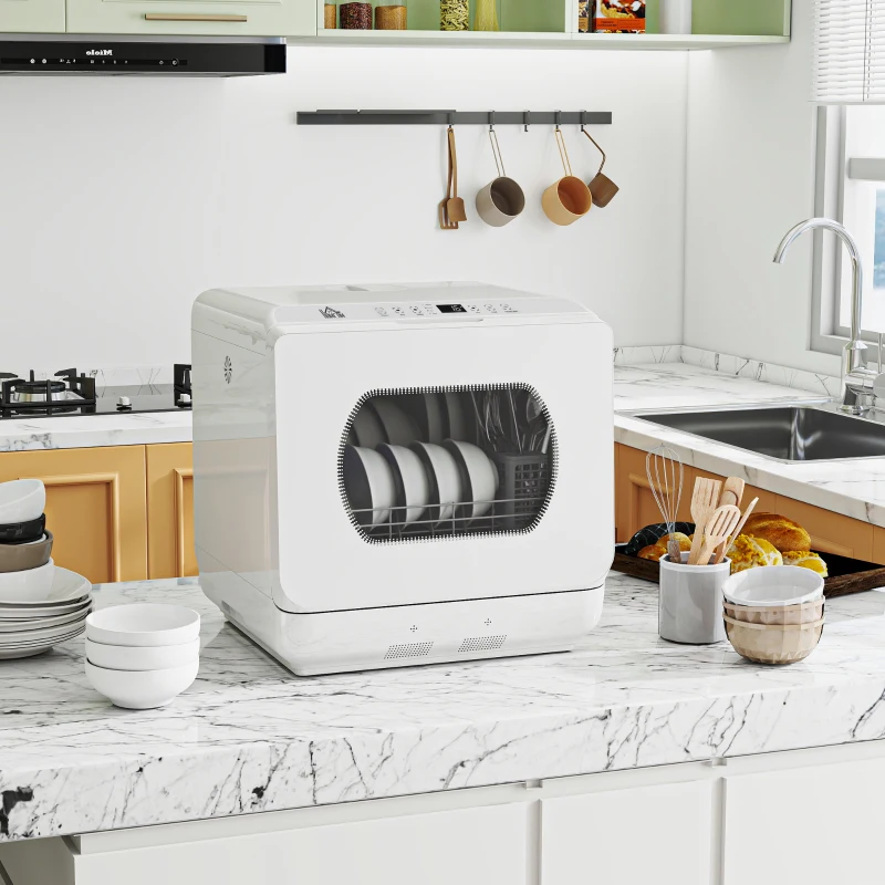 HOMCOM Mini lavavajillas 4 cubiertos 5 programas depósito de agua 6 L mando táctil pantalla LED 45 x 44 x 45,8 cm blanco