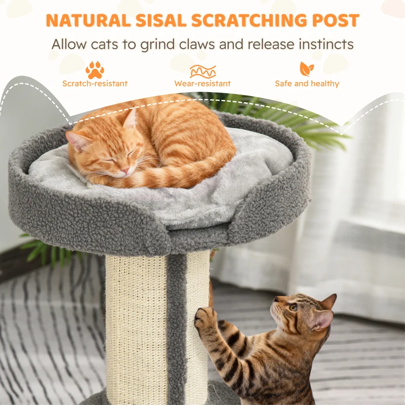 PawHut 91cm Cat Tree, Cat Tower with Scratching Post, Bed, Perch, Removable Cushion for Indoor Kittens, Grey