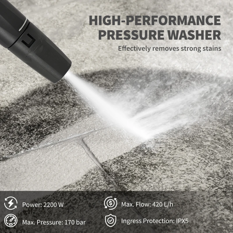 Outsunny 2200W High Pressure Washer, 170 Bar Pressure, 420 L/h Flow, Portable Electric Power Washer Jet Wash Cleaner with Adjustable Nozzle 6M Hose and Hose Reel for Home Patio Car Driveway