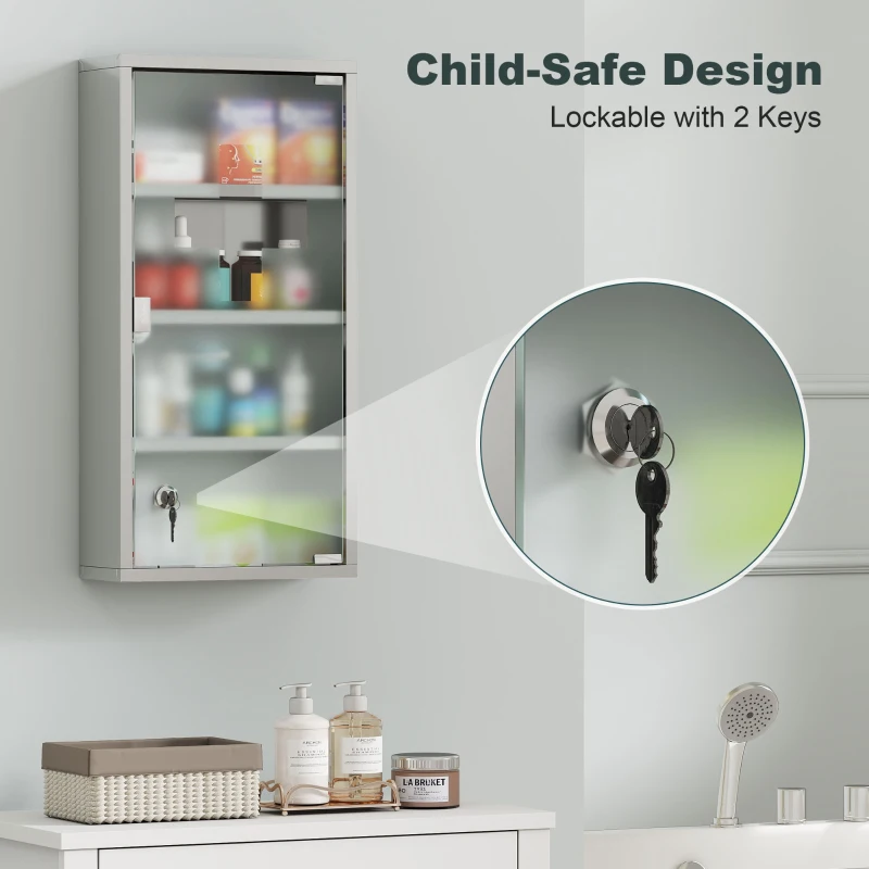 HOMCOM Medicijnkastje medicijnkastje EHBO met slot RVS 30 x 12 x 60 cm