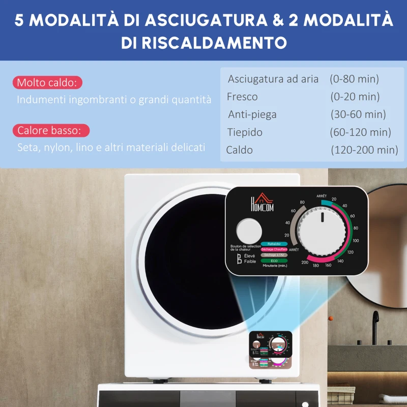 HOMCOM Asciugatrice Elettrica Portatile 850 W, Capacità 33 L 4 Modalità di Funzionamento, Acciaio Inossidabile, 49 L x 40,5 L x 60 H cm
