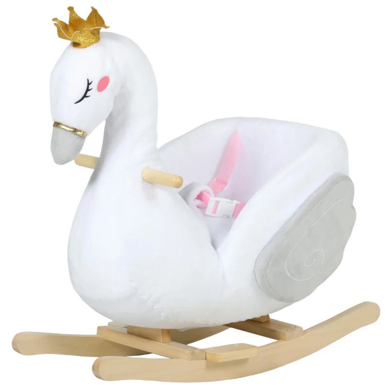 AIYAPLAY Mecedora cisne con canción de cuna, relleno suave, estructura de madera, para niños 1,5-3 años, 65x40x68 cm, Blanco