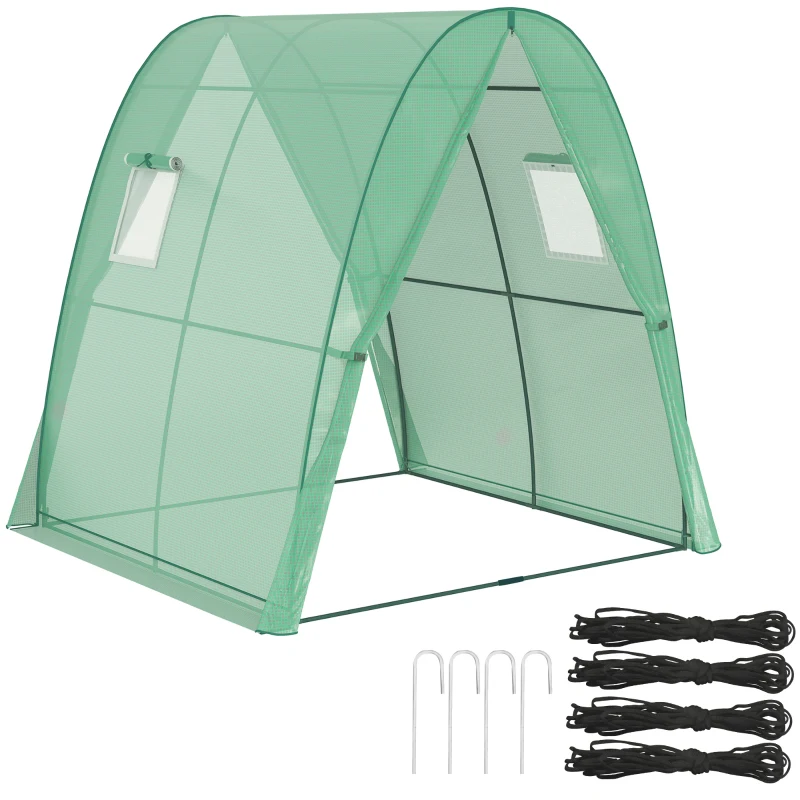 Outsunny Polytunnel Greenhouse with Sandbags, Walk-In Tunnel Green House with 2 Doors and Screen Windows, 1.8 x 1.8 x 2m, Green