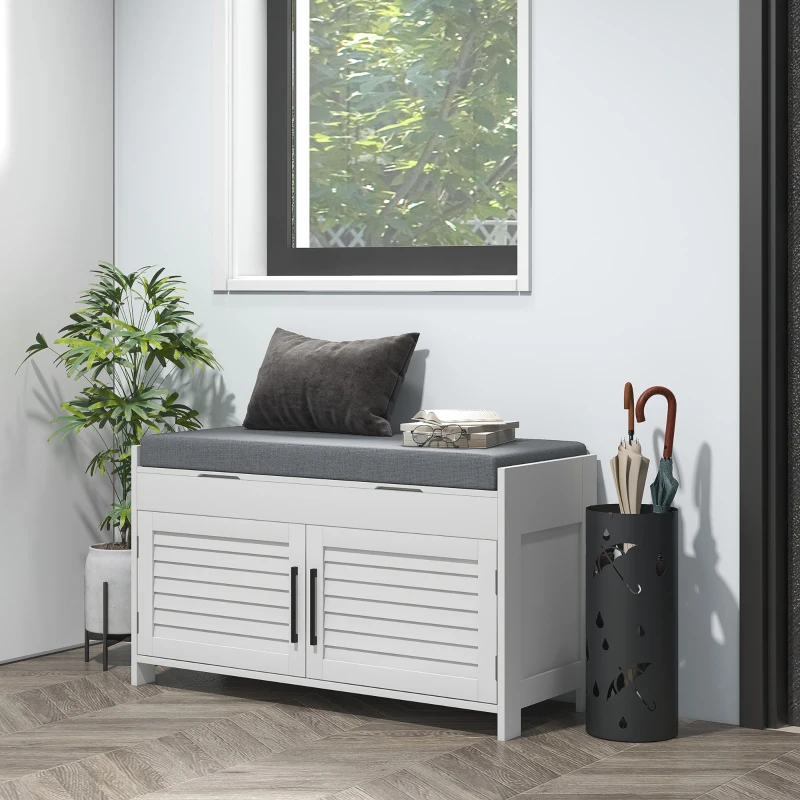 HOMCOM Banco Zapatero con Estante Interior Regulable en 3 Niveles, en MDF y Simil Lino, 90x36x50 cm, Blanco y Gris