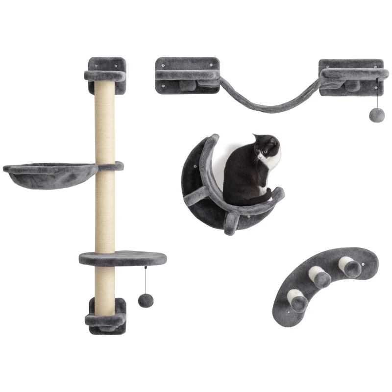 PawHut Four-Piece Cat Wall Furniture, with Hammock, Ladder, Platforms, Steps, for Indoor Use - Dark Grey