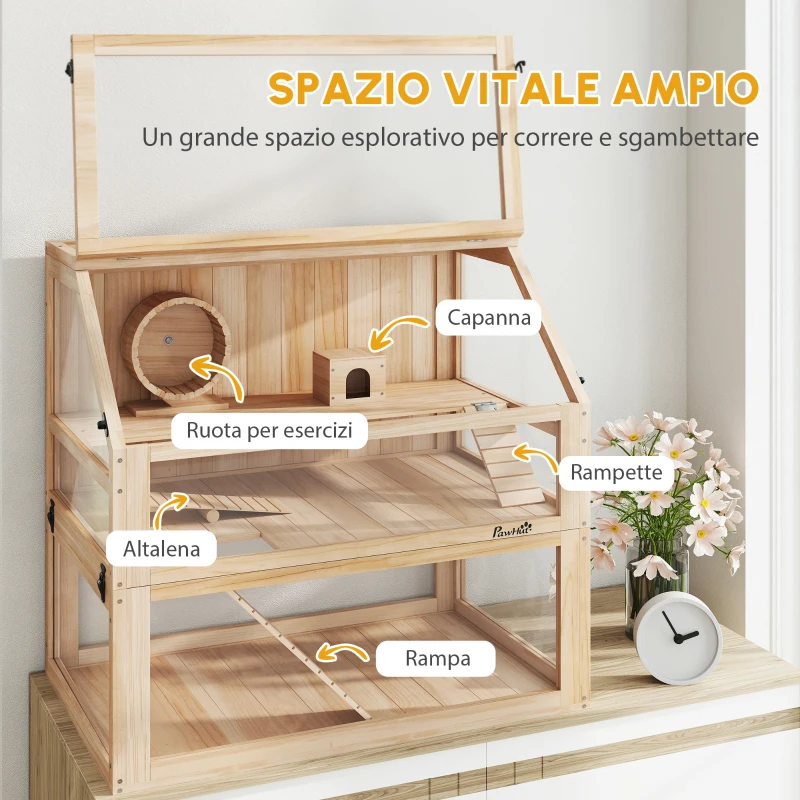 PawHut Gabbia per criceti a 3 livelli con fondo removibile e altalena, 80x50x76 cm, Legno naturale