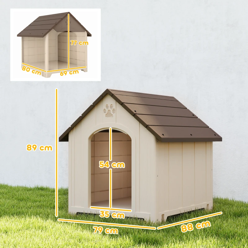 PawHut Caseta Elevada para Perros con Tejado Inclinado y Tomas de Aire, en PP, 88x78x89 cm, Beige y Marrón Oscuro