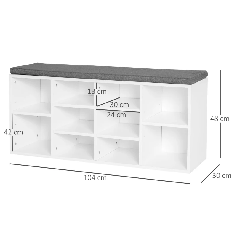 HOMCOM Banco zapatero 8-10 pares Estantes regulables, Madera, Blanco, 104 x 30 x 48 cm