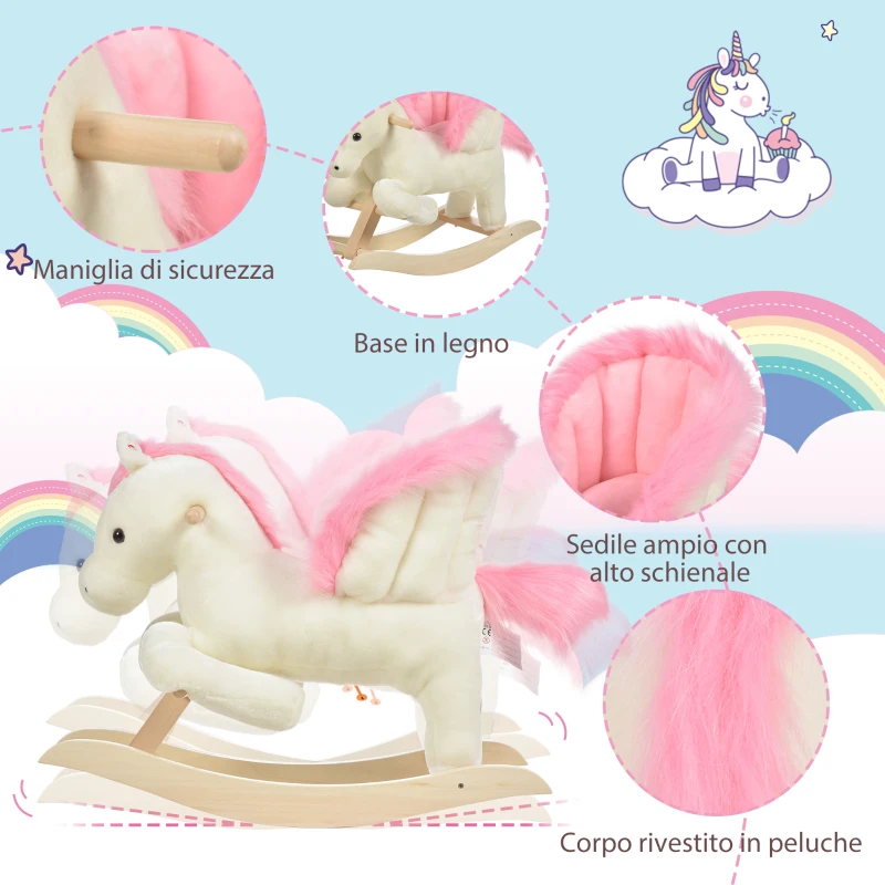 HOMCOM Caballo mecedor blanco y rosa con sonidos y estructura en madera de álamo para niños 18-36 meses, 70x28x57cm
