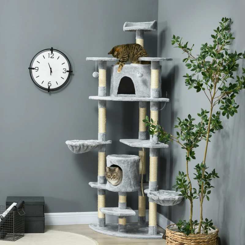 PawHut Arbre à chat XXL arbre à grimper pour chat multi-équipements griffoirs 6 plate-formes 2 niches hauteur 200 cm gris