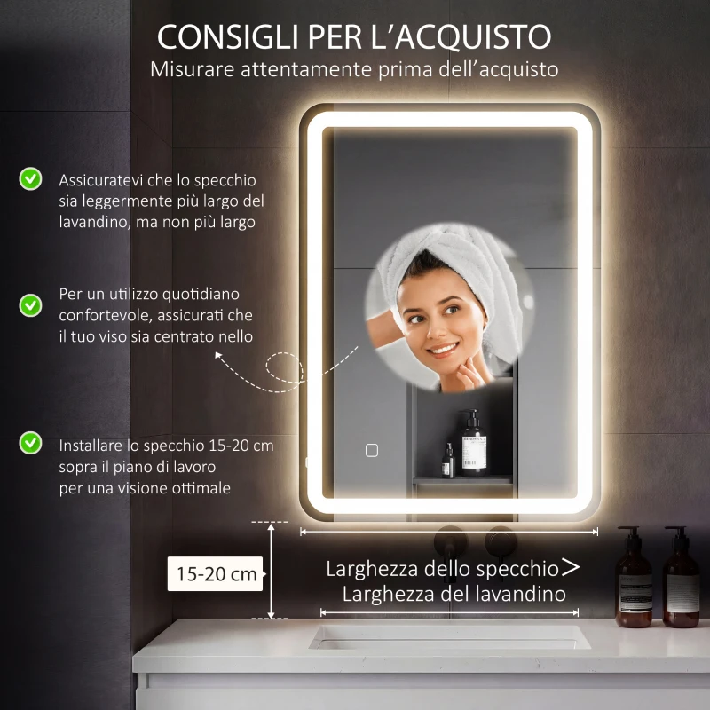 HOMCOM Specchio Bagno LED Touch con Luce Dimmerabile, a 3 Temperature e Antiappannamento, 60x80 cm