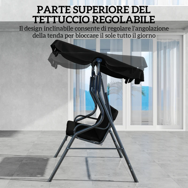 Outsunny Dondolo 3 Posti con Tettuccio Regolabile e Cuscini, in Acciaio e Poliestere, 170x110x153 cm, Nero