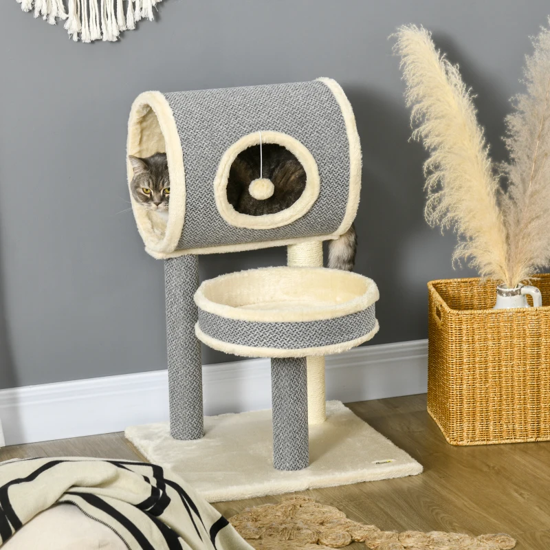 PawHut Arbre à chats avec griffoir arbre à gratter en sisal tunnel panier en peluche doux structure en bois 48L x 48l x 73H cm