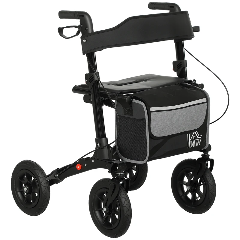 HOMCOM Andador 4 ruedas plegable, rollator de aluminio ligero, asiento acolchado, respaldo, empuñadura regulable, 69x64x98,5cm negro