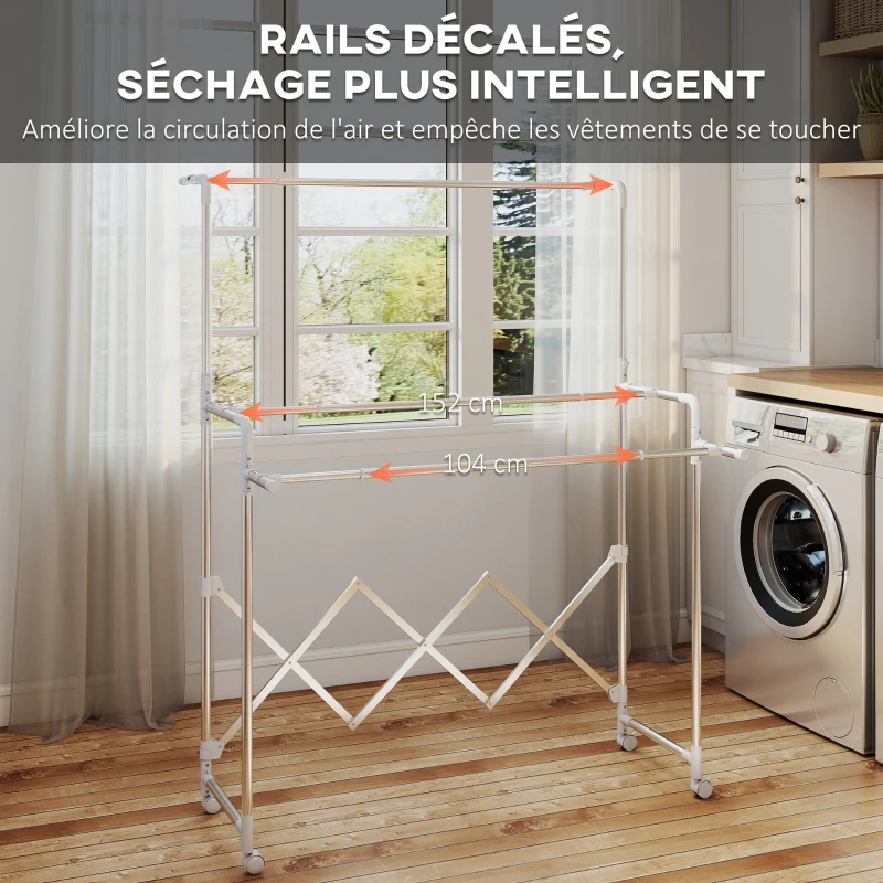 HOMCOM Séchoir à linge pliable étendoir linge intérieur à 3 barres réglables et 4 roulettes 104-150 x 103 x 145-197 cm argent
