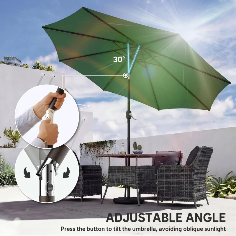 Outsunny 2.7 m Garden Parasol Umbrella with Cross Base and Sandbag, Retractable Ribs, Outdoor Table Market Umbrella, Green