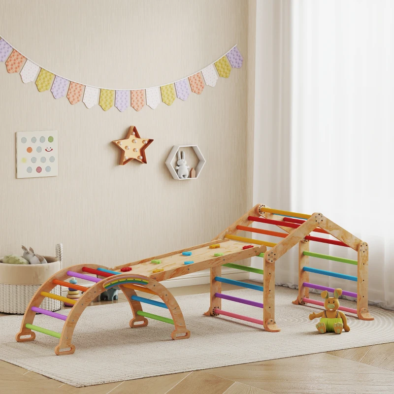 AIYAPLAY Triángulo de escalada infantil con rampa reversible, tobogán, balancín y estructura de escalada multicolor