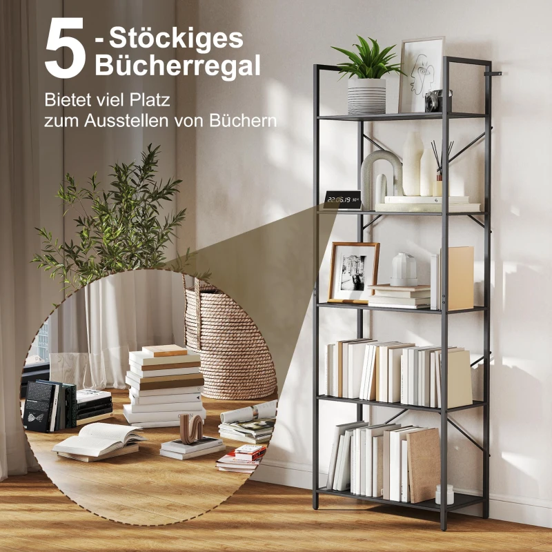 HOMCOM Bücherregal, Standregal mit 5 Ebenen, Industrielles Büroregal mit Metallrahmen, offenes Aufbewahrungsregal für Wohnzimmer, Büro, Arbeitszimmer, 60x30x170,5 cm, Schwarz