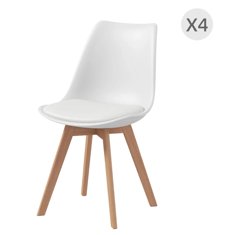HOMCOM Set de 4 Sillas de Comedor estilo Nórdico en Plástico con Patas de Madera y Cojín en Piel Sintética, Blanco
