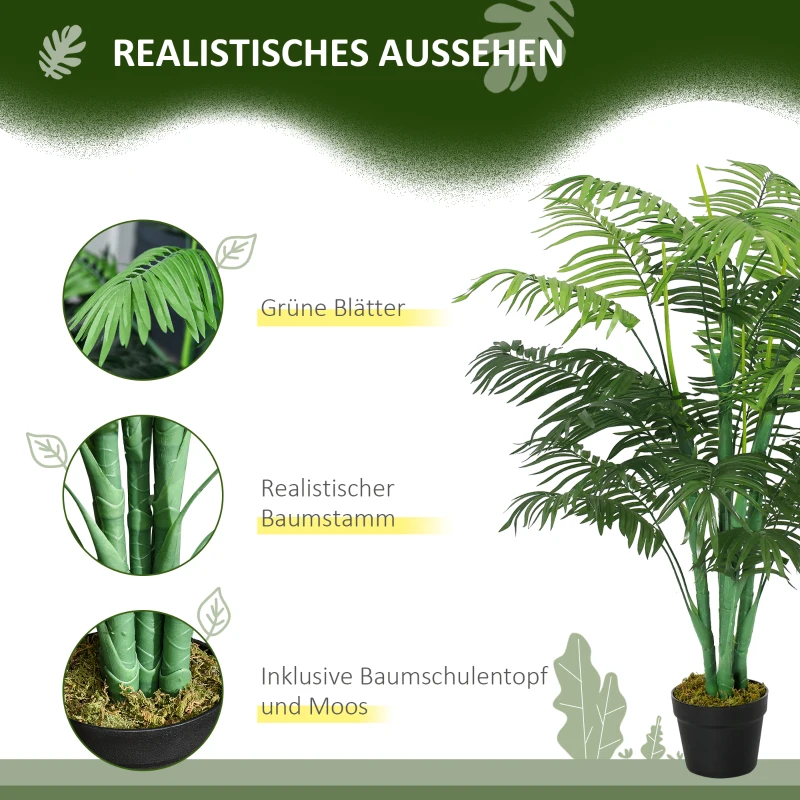 Outsunny Künstliche Palme 125cm Groß Kunstpflanze mit 18 Palmenwedel im Topf für Wohnzimmer Balkon