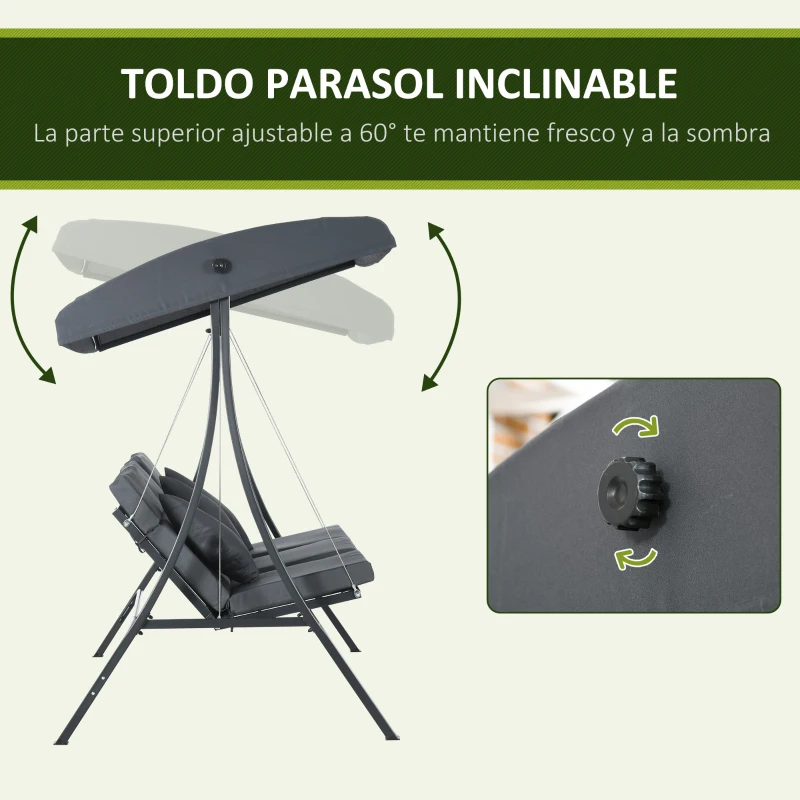 Outsunny Balancín de Jardín Exterior Columpio de 3 Plazas con Toldo Ajustable y Marco de Acero 202x115x168 cm Gris Oscuro