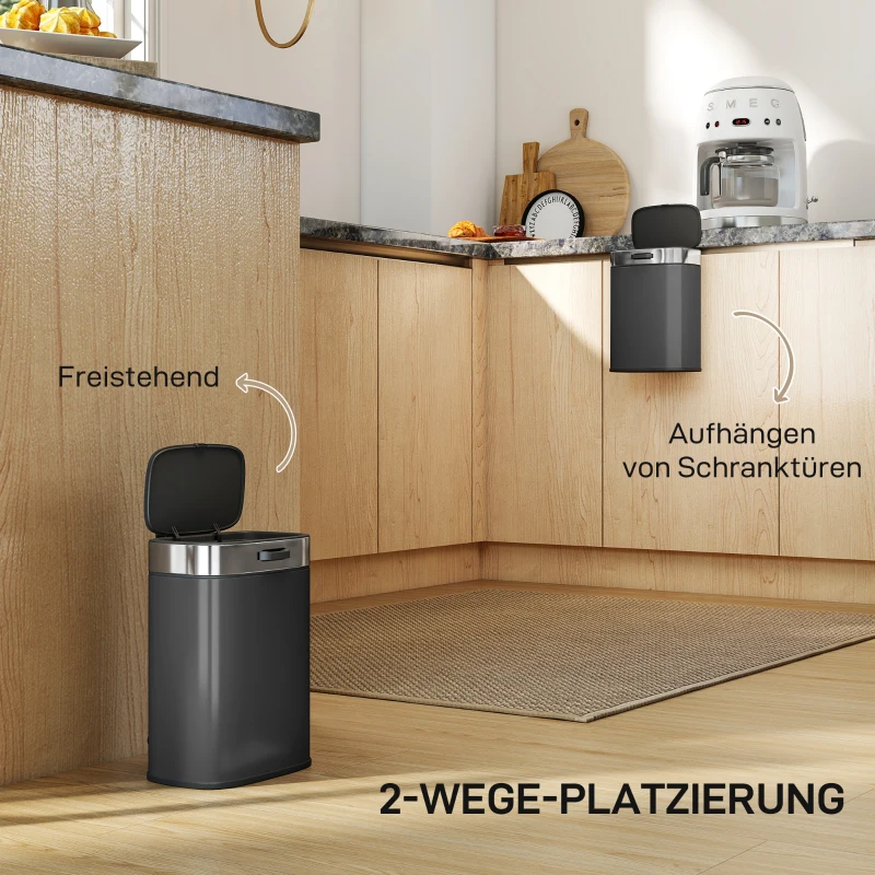 HOMCOM Mülleimer, Edelstahl Küchenmülleimer mit offen bleibendem Deckel, herausnehmbarer Inneneimer, 21,5x19,5x30 cm, Schwarz