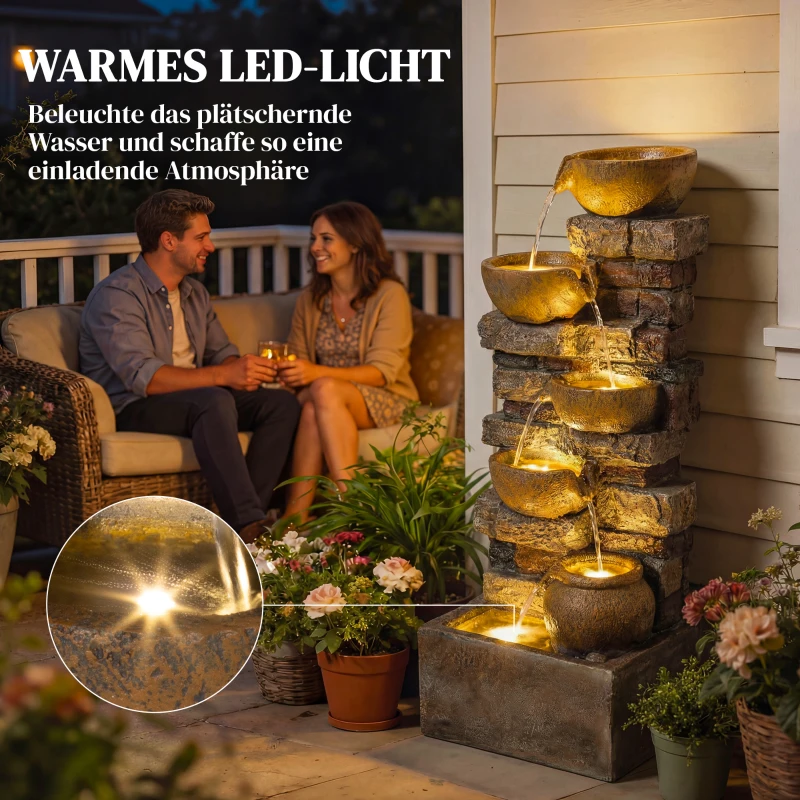 Outsunny 5-laags tuinfontein met LED-verlichting, steenlook, verstelbare pomp, 31 x 25,5 x 72 cm