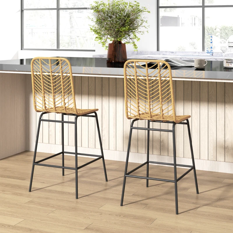 HOMCOM Lot de 2 tabourets de bar design bohème Hauteur 66 cm avec repose-pieds métal et rotin PE - naturel