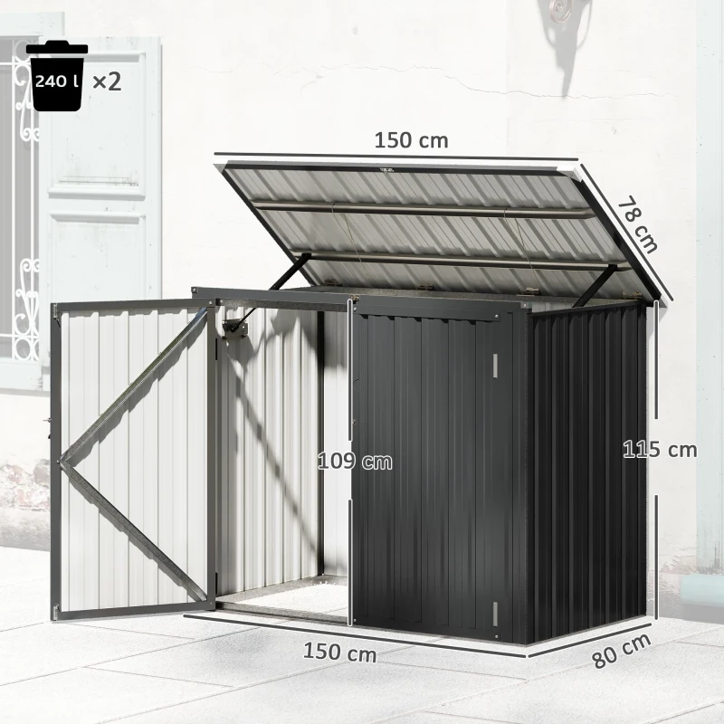 Outsunny Cobertizo para Contenedor de Basura Doble de Acero Galvanizado de 240L con Tapa Abatible y Puertas con Cerradura Gris