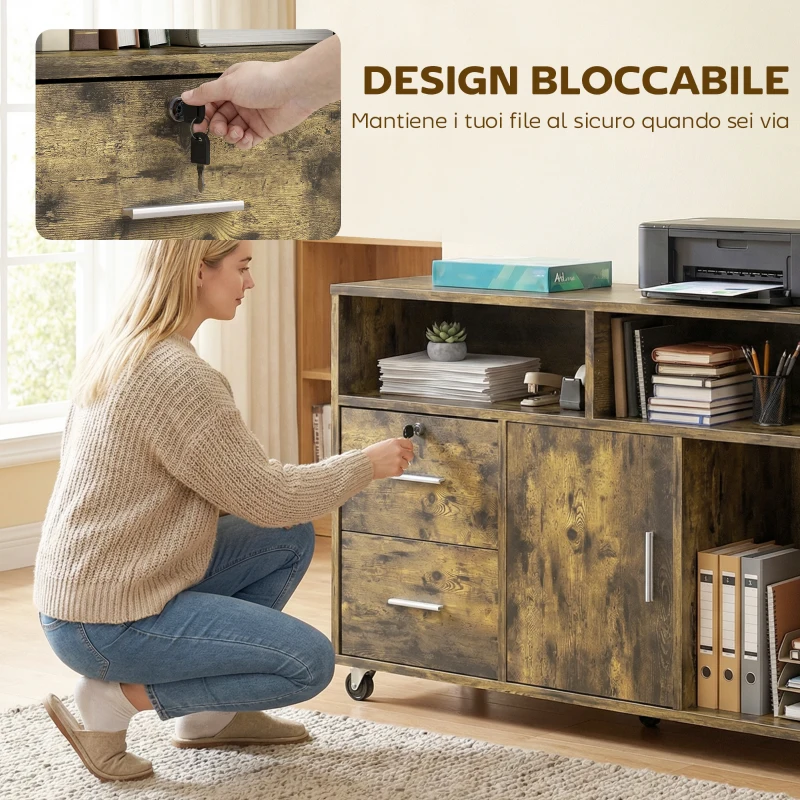 HOMCOM Mobile Porta Stampante a Rotelle con 2 Cassetti, 3 Ripiani e 2 Armadietti, in Legno, 100x35x65 cm, Marrone