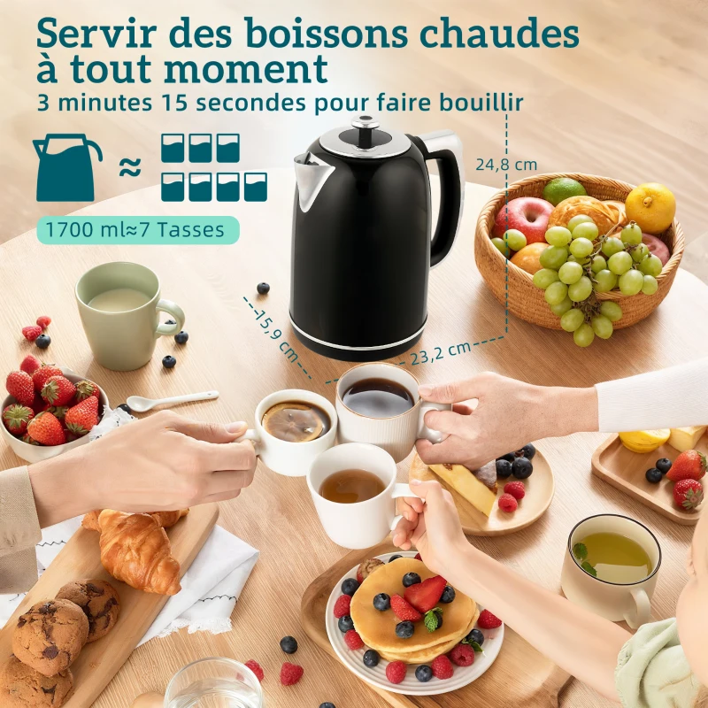 HOMCOM Ensemble bouilloire et grille-pain, bouilloire en acier inoxydable 1,7 L et 2200 W et grille-pain à 2 tranches, noir