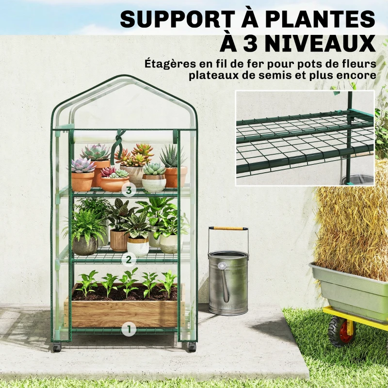 Outsunny Mini serre de jardin avec 3 étagères, bâche PVC haute densité, porte enroulable 4 roulettes 69 x 49 x 130 cm transparent