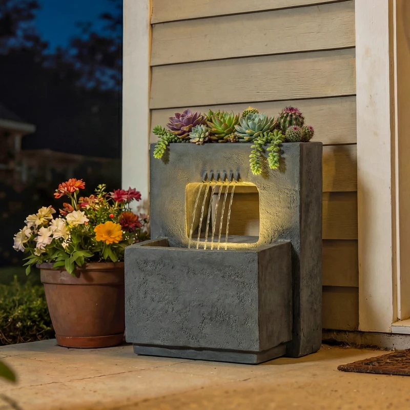 Outsunny Fontein 2-staps Tuinfontein met LED Verlichting Plantenbak Pomp Steenlook, Verstelbaar 45 x 31,5 x 58,5 cm