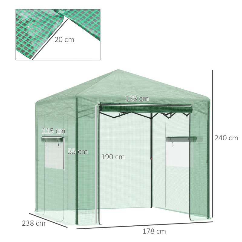 Outsunny Invernadero de Jardín 240x180x240 cm Plegable Caseta Vivero para Cultivos Plantas Flores con 2 Ventanas y Puerta con Cremallera de Acero y PE Verde