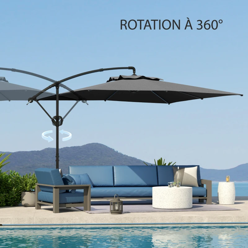Outsunny Parasol déporté carré 3 x 3 m avec manivelle, base croisée, parasol inclinable rotation à 360° toile 180 g/m² gris foncé