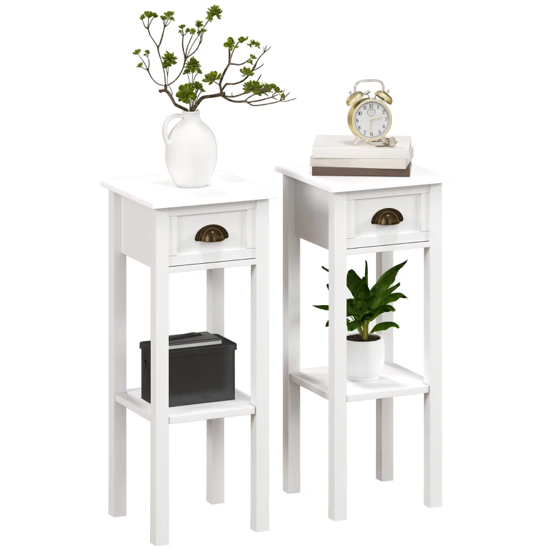 HOMCOM Set 2 tavolini d'appoggio con cassetto e ripiano inferiore, 30x30x75 cm, Bianco